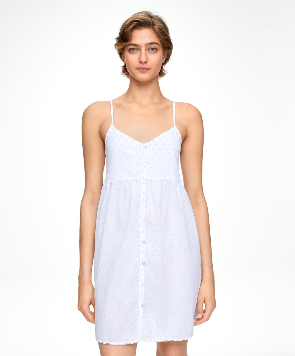 Oysho 100% Pamut Plumeti Rövid Nightdress Fehér | XRVKUB-708