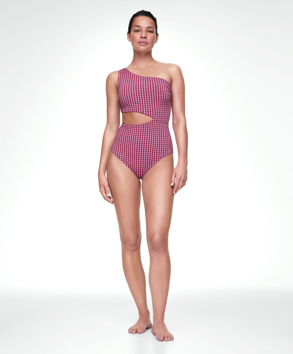 Oysho Asymmetric Gingham Trikini Piros | KGSMHE-516