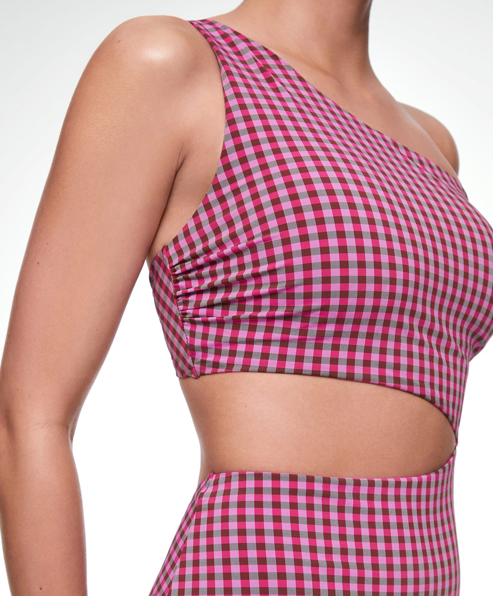 Oysho Asymmetric Gingham Trikini Piros | KGSMHE-516