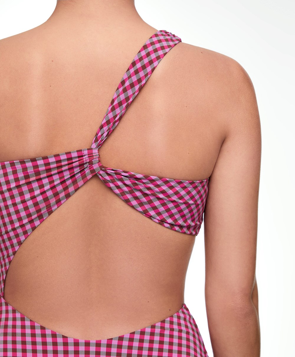 Oysho Asymmetric Gingham Trikini Piros | KGSMHE-516