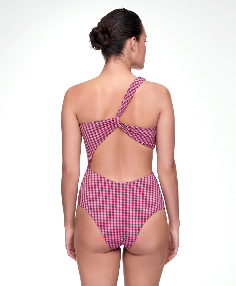 Oysho Asymmetric Gingham Trikini Piros | KGSMHE-516