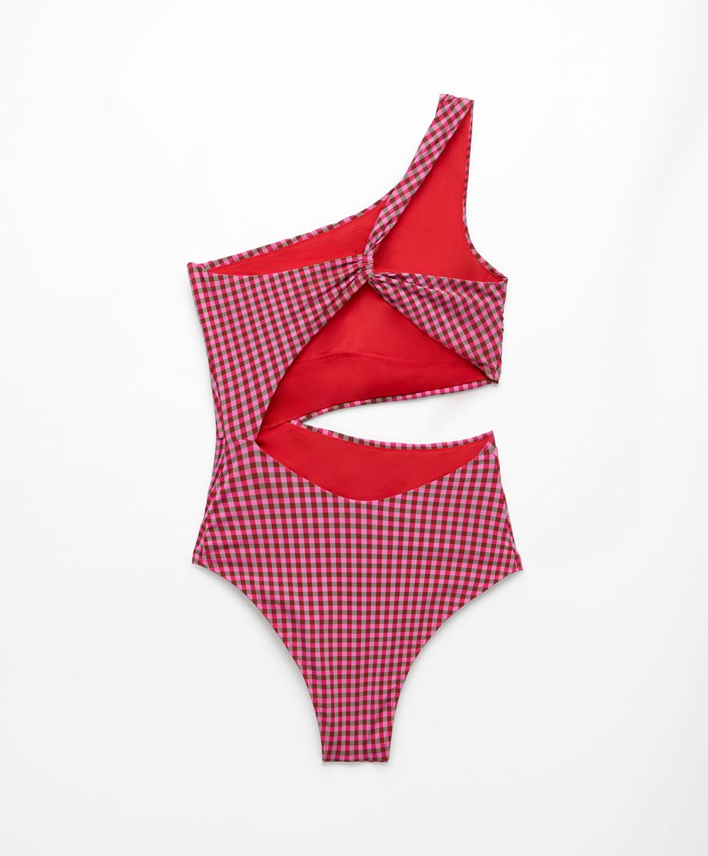 Oysho Asymmetric Gingham Trikini Piros | KGSMHE-516