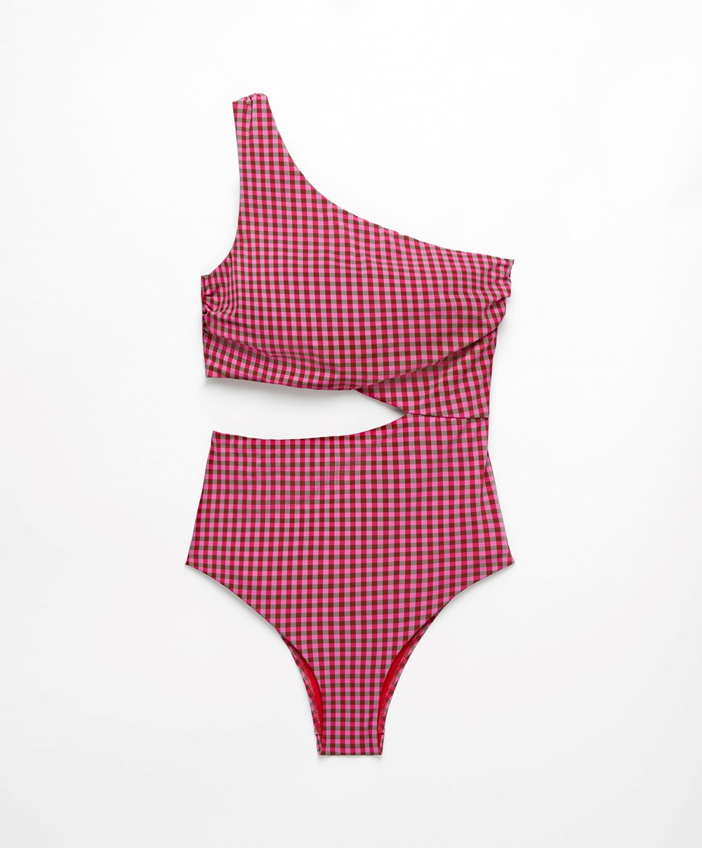 Oysho Asymmetric Gingham Trikini Piros | YACVKH-680