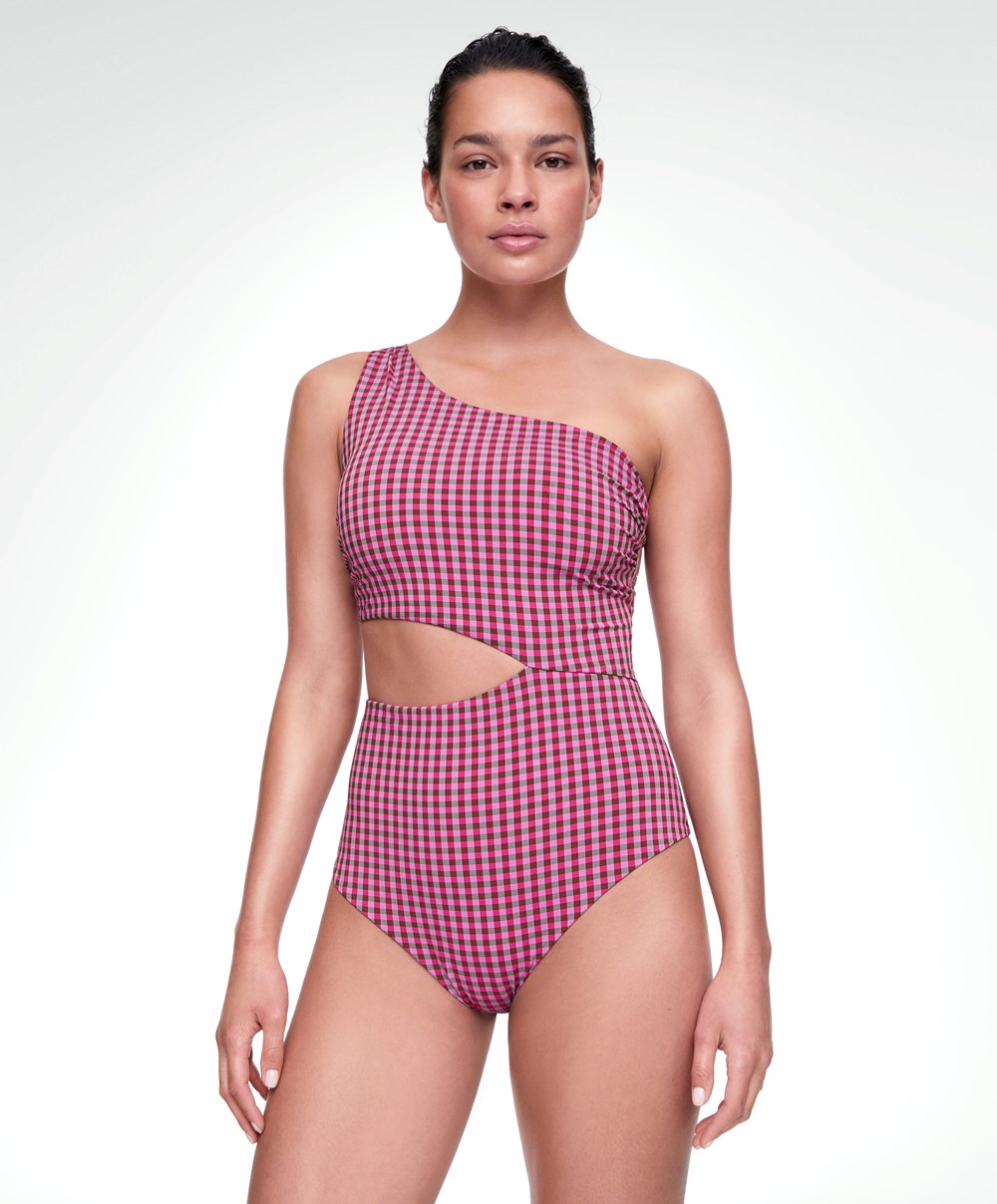 Oysho Asymmetric Gingham Trikini Piros | YACVKH-680