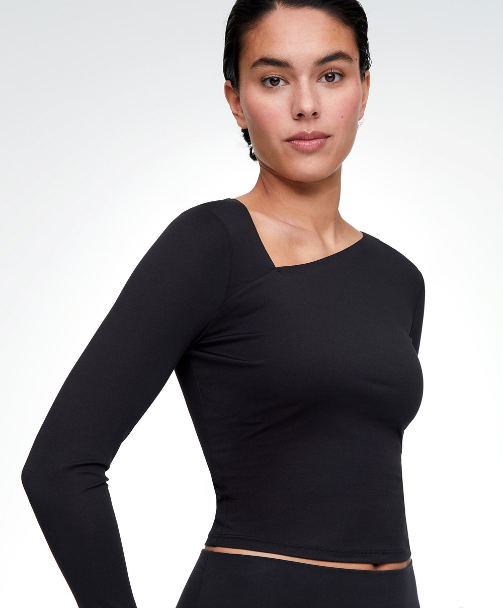 Oysho Asymmetrical Neckline Top Fekete | VNZTPC-471