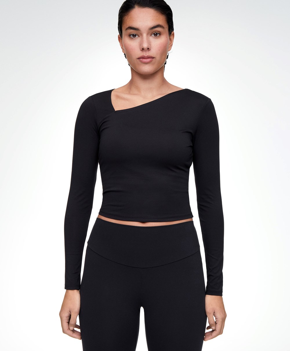 Oysho Asymmetrical Neckline Top Fekete | VNZTPC-471