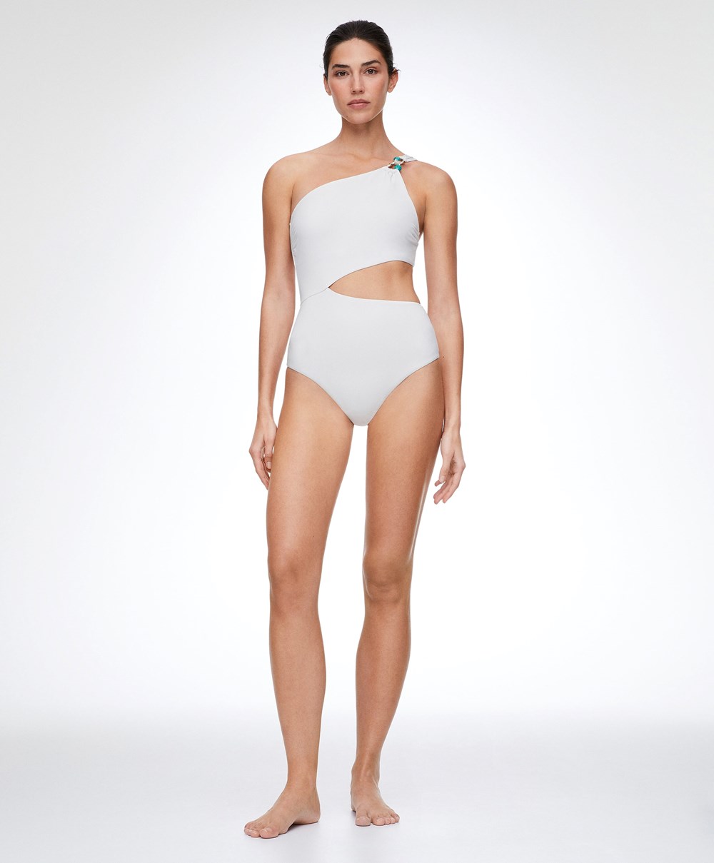 Oysho Bead Detail Asymmetric Trikini Fehér | VIOLKX-781