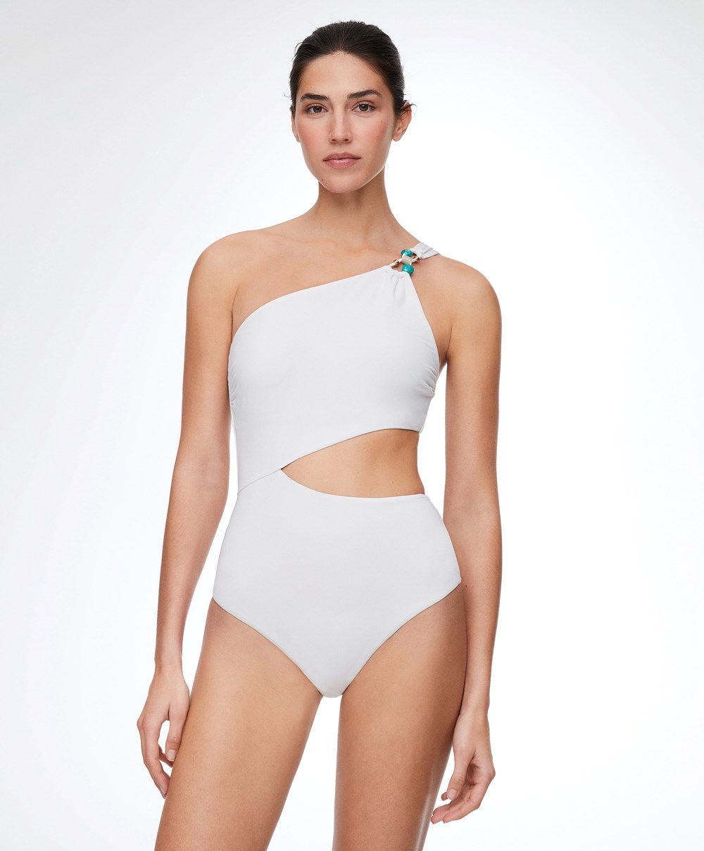 Oysho Bead Detail Asymmetric Trikini Fehér | VIOLKX-781