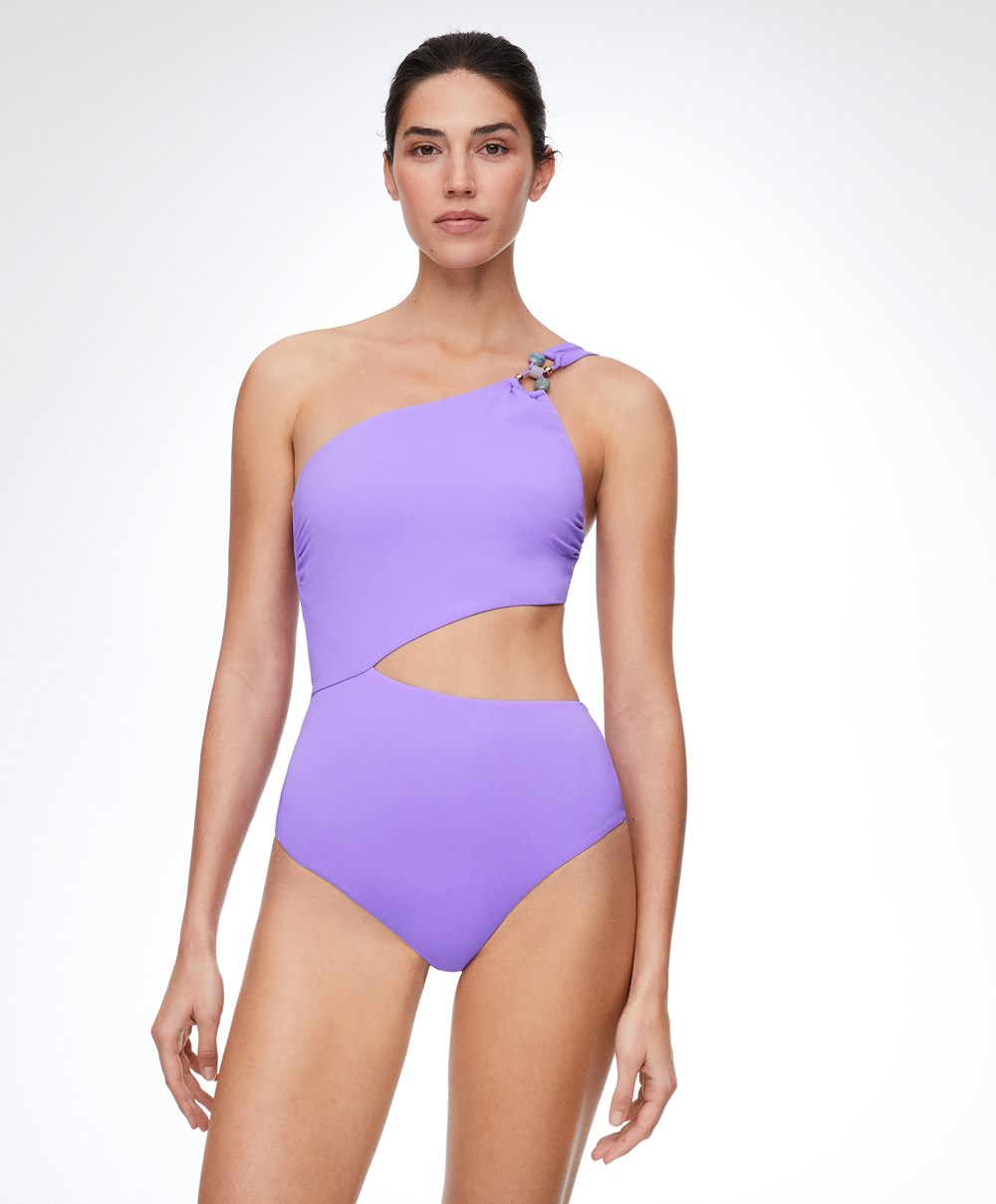 Oysho Bead Detail Asymmetric Trikini Violet | JWVQBM-729