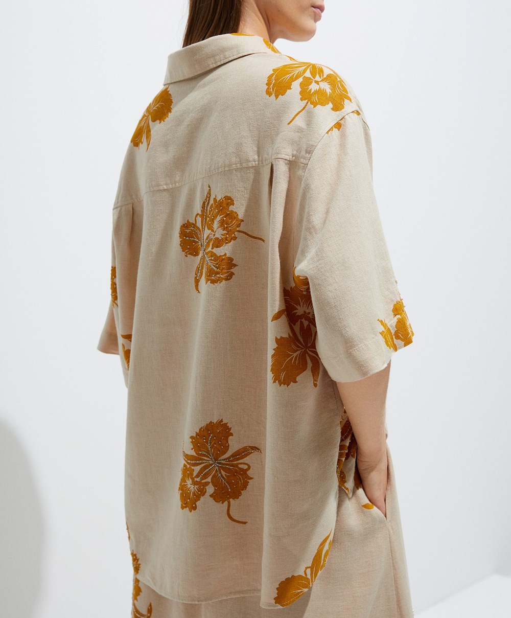 Oysho Bead Embroidery Rövid-sleeved Linen Shirt Sand | CNQVGW-485