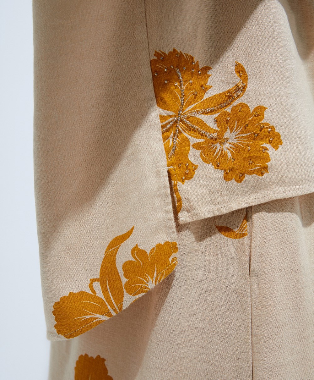 Oysho Bead Embroidery Rövid-sleeved Linen Shirt Sand | CNQVGW-485