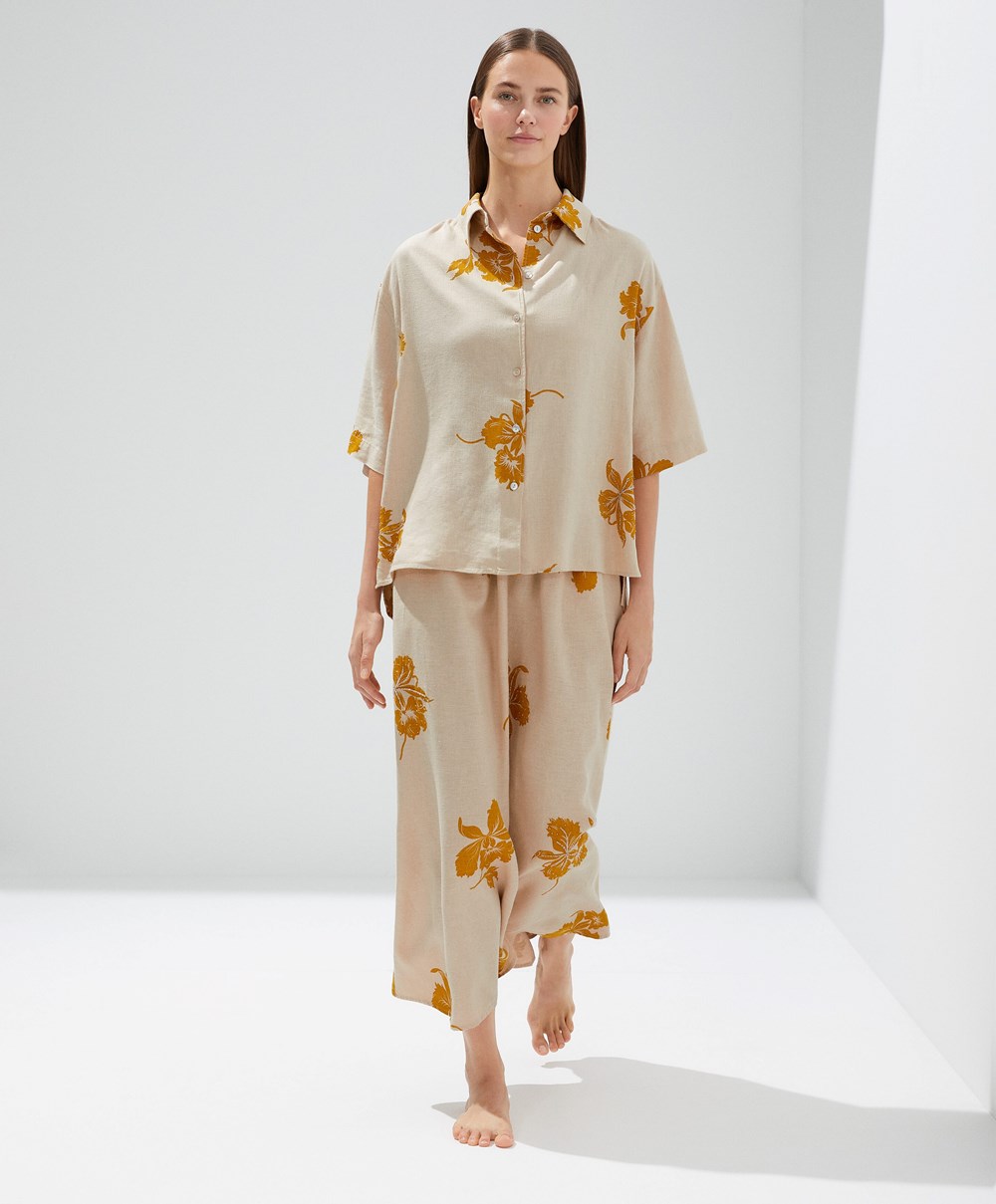 Oysho Bead Embroidery Rövid-sleeved Linen Shirt Sand | CNQVGW-485