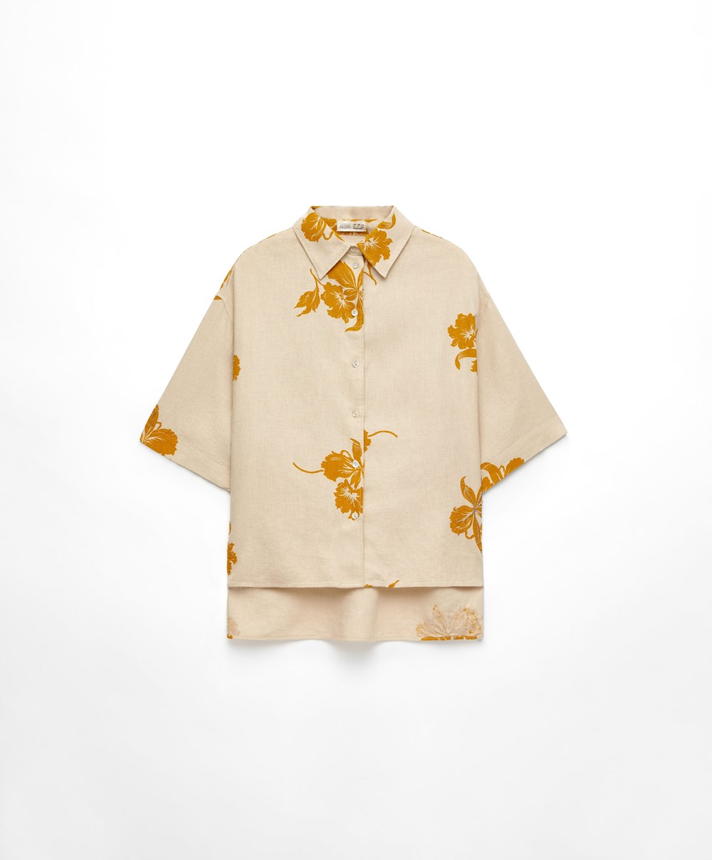 Oysho Bead Embroidery Rövid-sleeved Linen Shirt Sand | CNQVGW-485