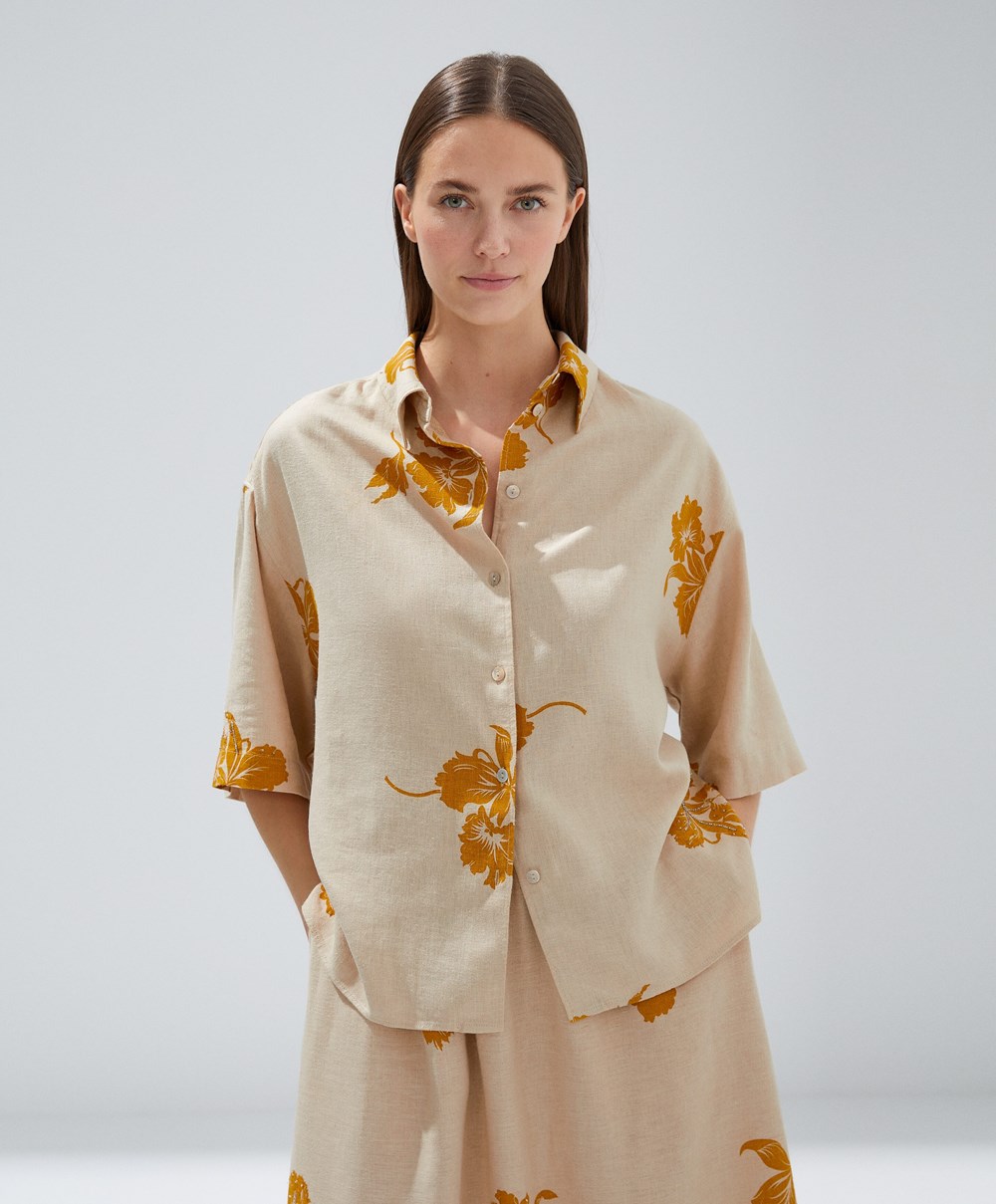 Oysho Bead Embroidery Rövid-sleeved Linen Shirt Sand | CNQVGW-485