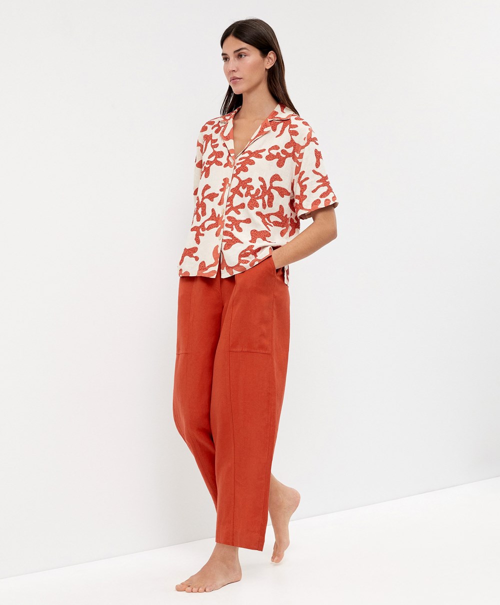 Oysho Bead Embroidery Rövid-sleeved Linen Shirt Korall | UAHLYC-470