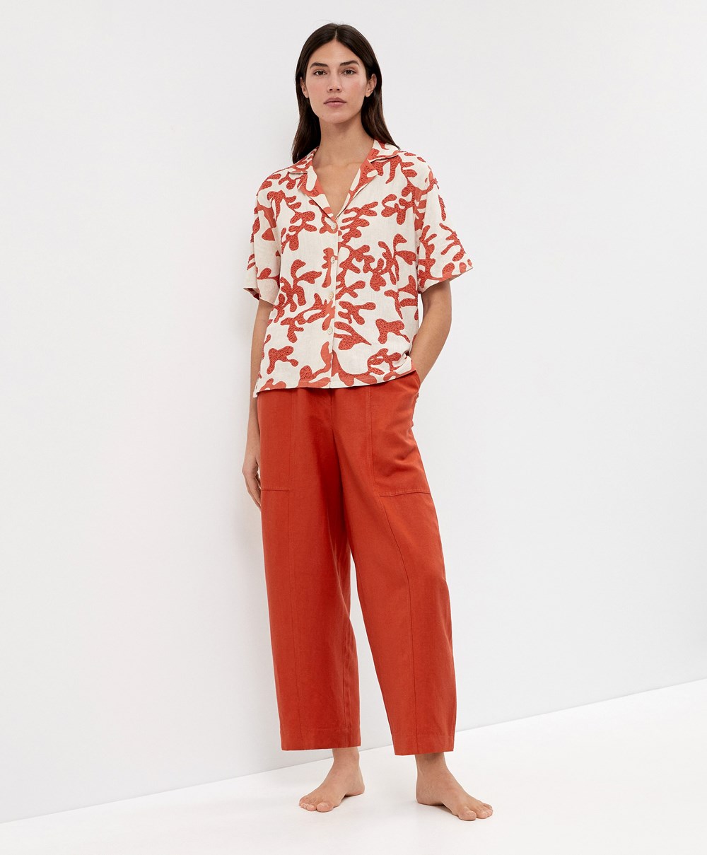 Oysho Bead Embroidery Rövid-sleeved Linen Shirt Korall | UAHLYC-470