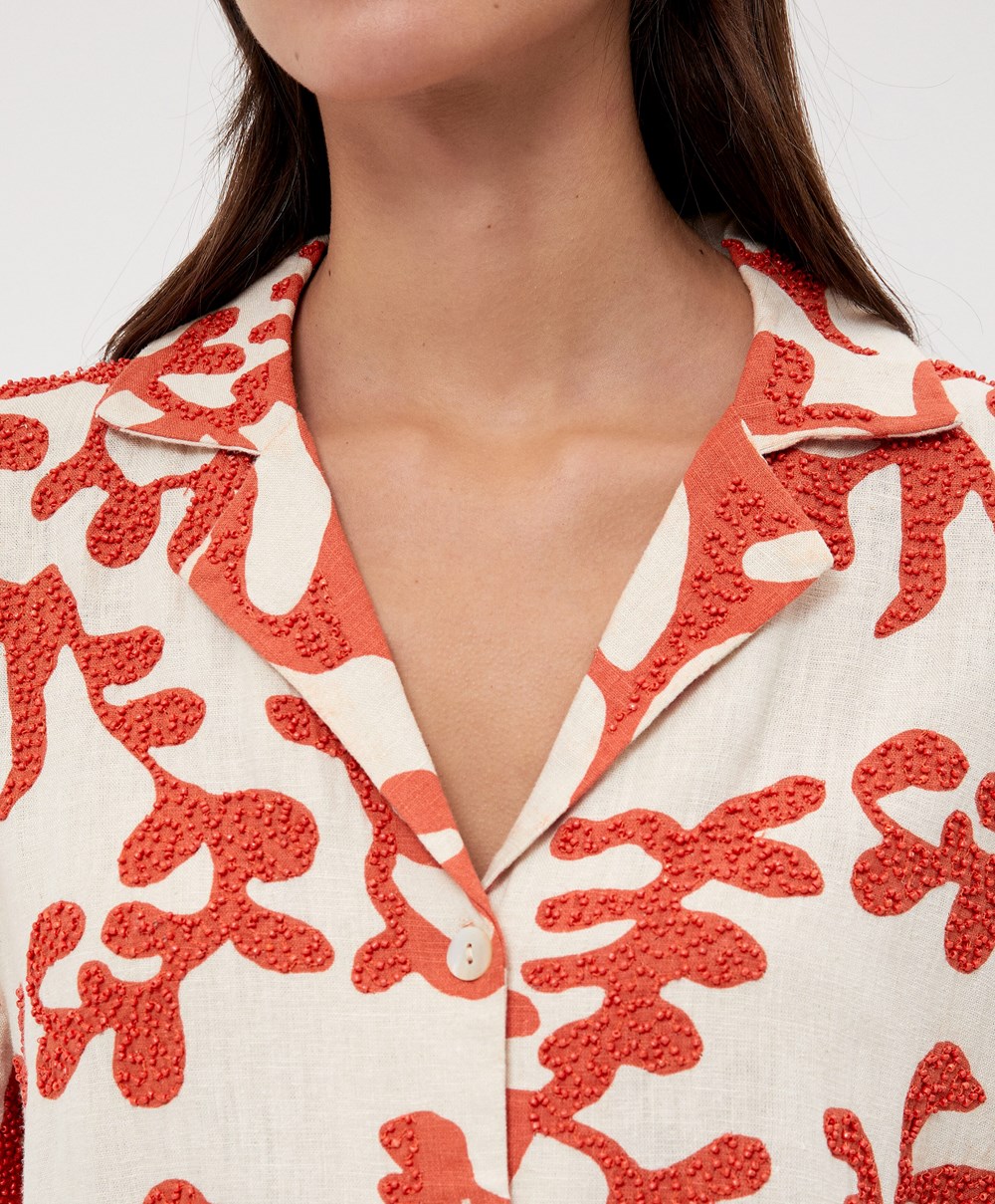 Oysho Bead Embroidery Rövid-sleeved Linen Shirt Korall | UAHLYC-470