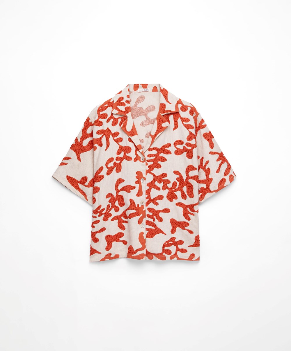 Oysho Bead Embroidery Rövid-sleeved Linen Shirt Korall | UAHLYC-470