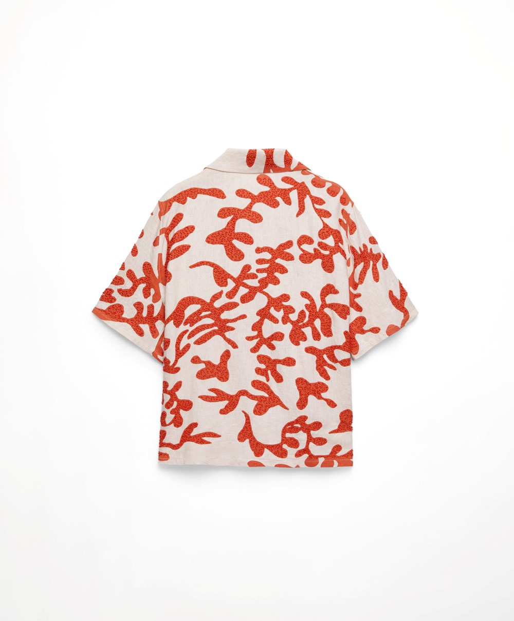 Oysho Bead Embroidery Rövid-sleeved Linen Shirt Korall | UAHLYC-470