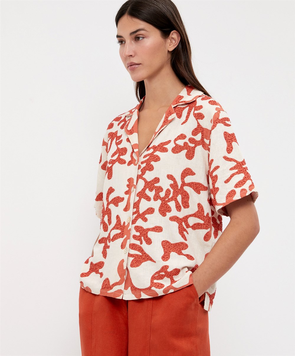 Oysho Bead Embroidery Rövid-sleeved Linen Shirt Korall | UAHLYC-470