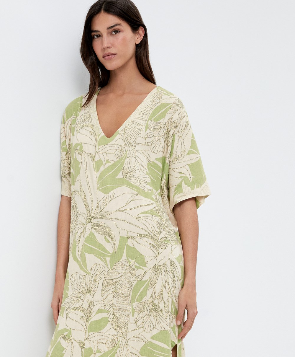 Oysho Beaded Embroidery Linen Midi Tunic Pale Pistachio | GLPDZF-098