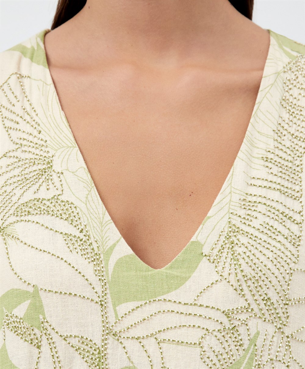 Oysho Beaded Embroidery Linen Midi Tunic Pale Pistachio | GLPDZF-098