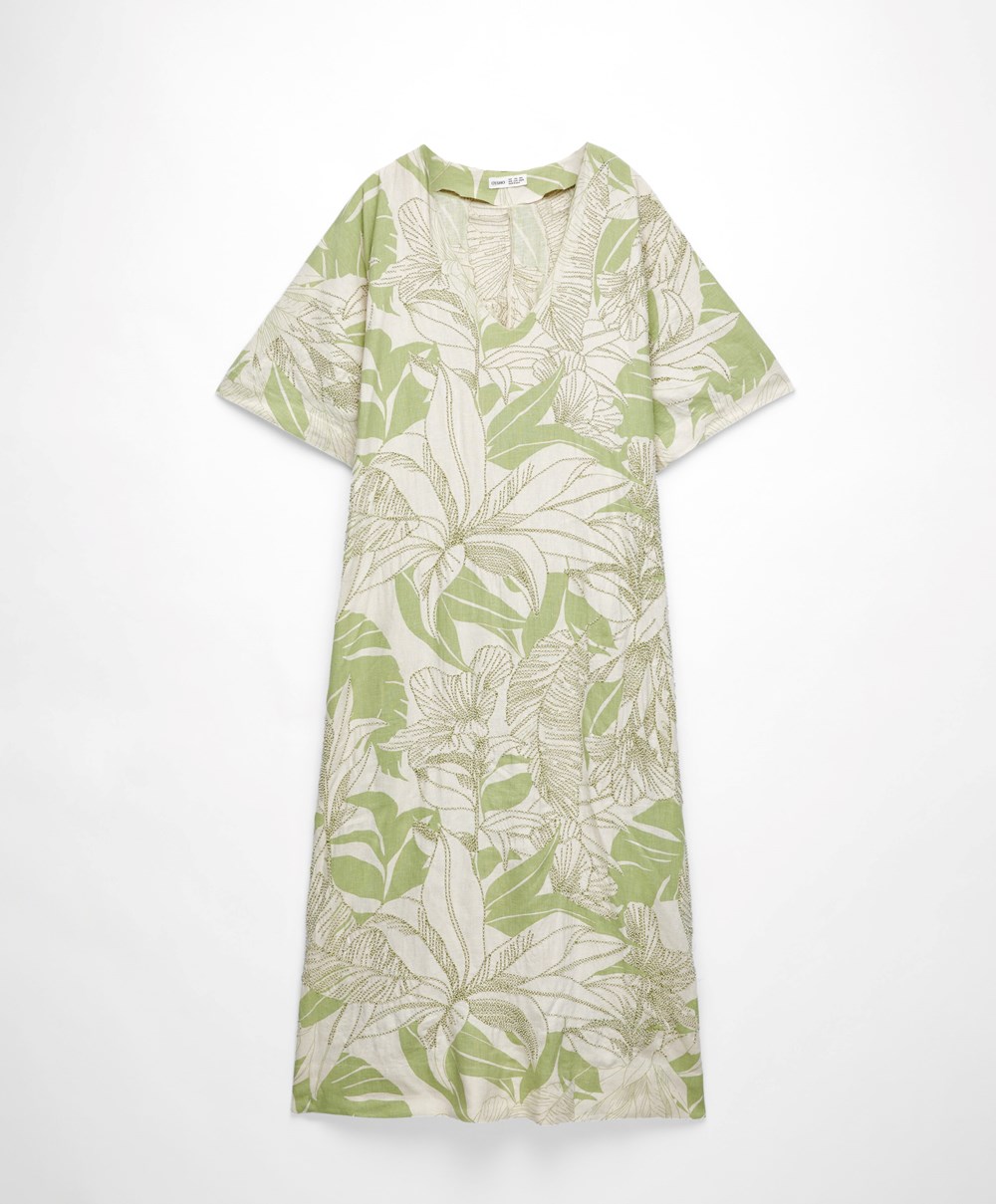 Oysho Beaded Embroidery Linen Midi Tunic Pale Pistachio | GLPDZF-098