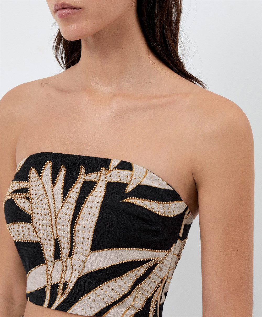 Oysho Beaded Linen Bandeau Top Fekete | DFIHOC-290