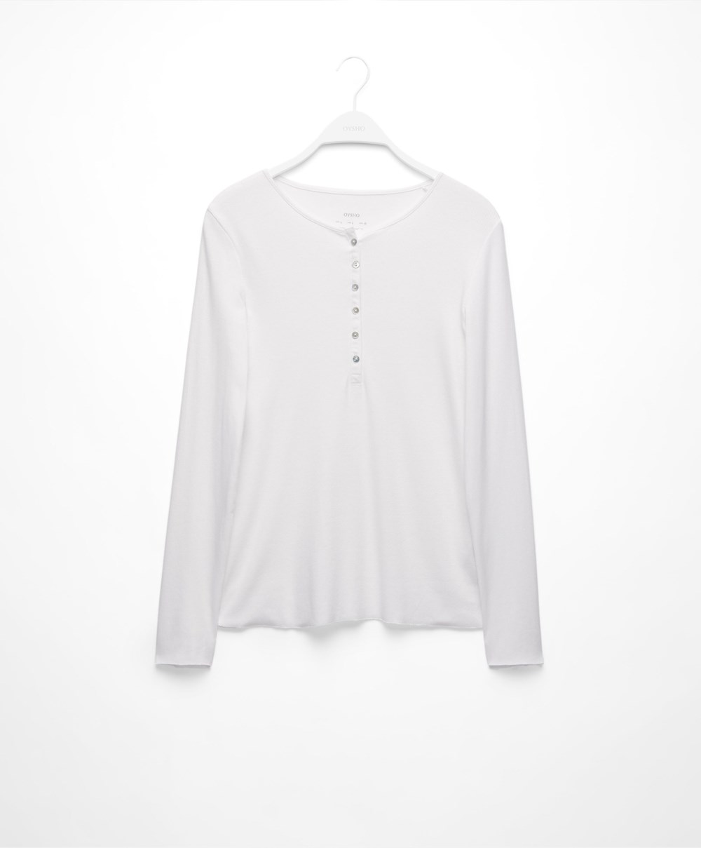 Oysho Bordázott Long Sleeve T-shirt Pale Ecru | YRJKTL-305