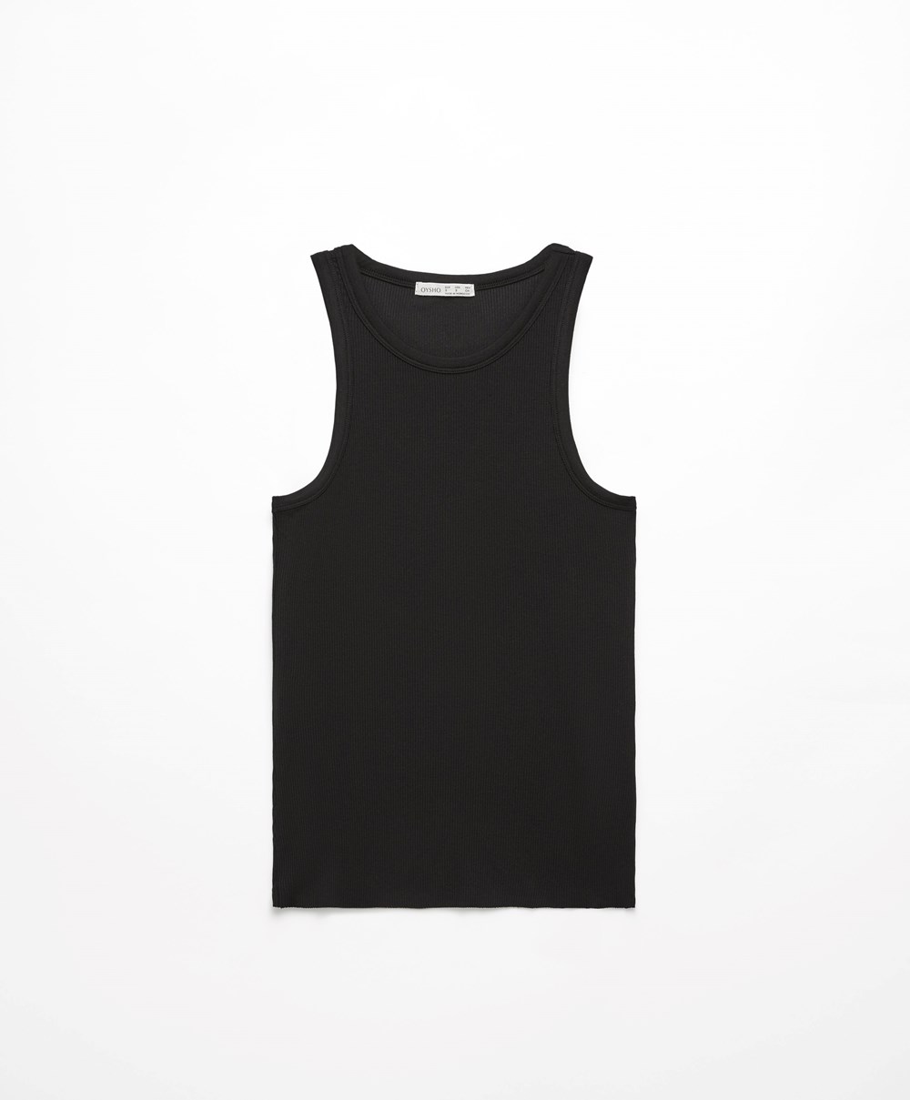 Oysho Bordázott Vest Top Fekete | PGQFCZ-047