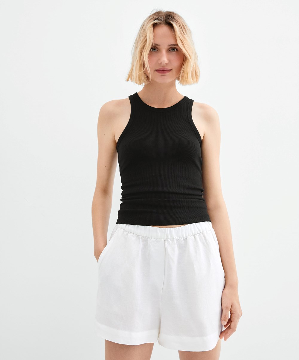 Oysho Bordázott Vest Top Fekete | PGQFCZ-047