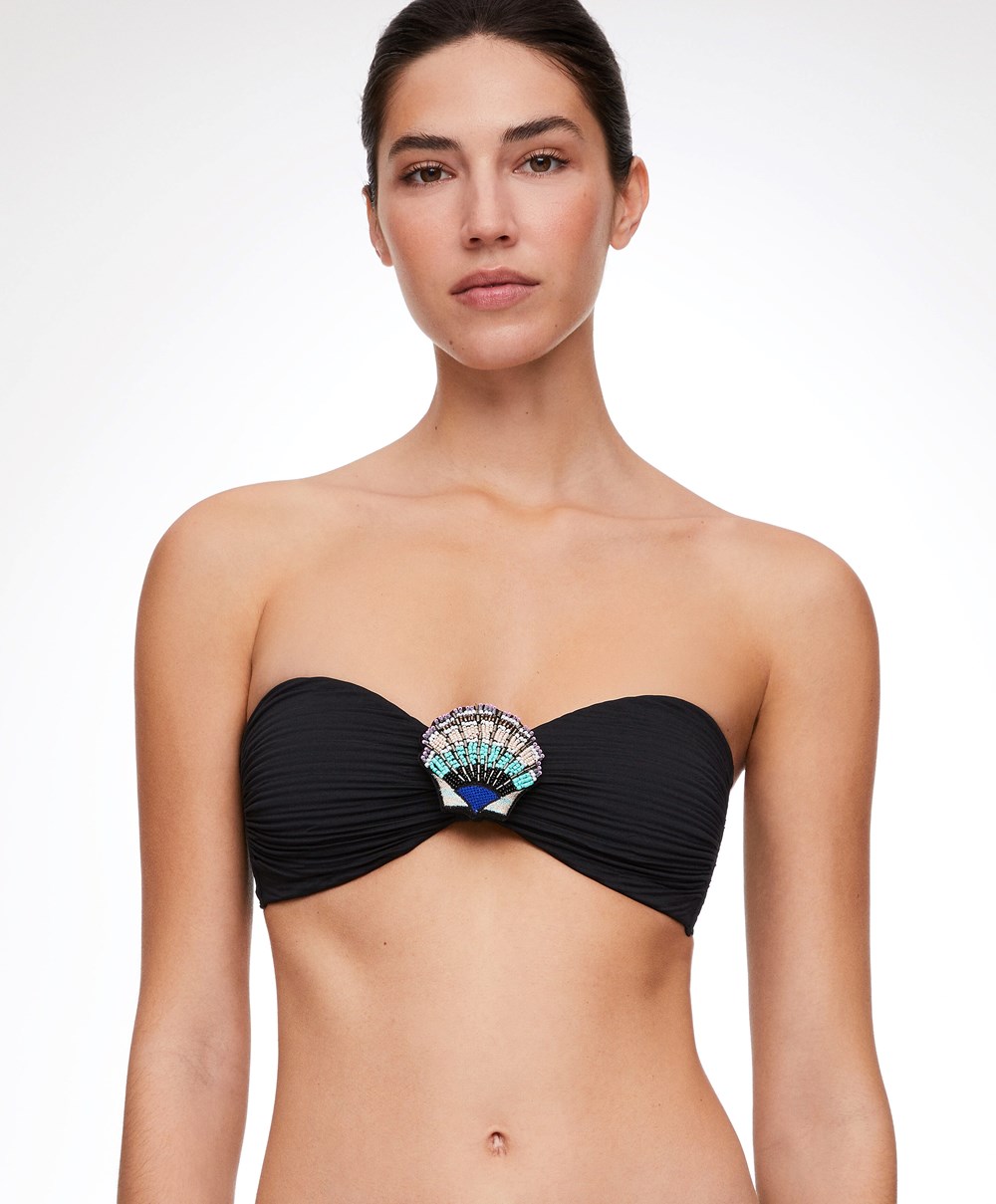 Oysho Brooch Bandeau Bikini Top Fekete | TSMXHG-371