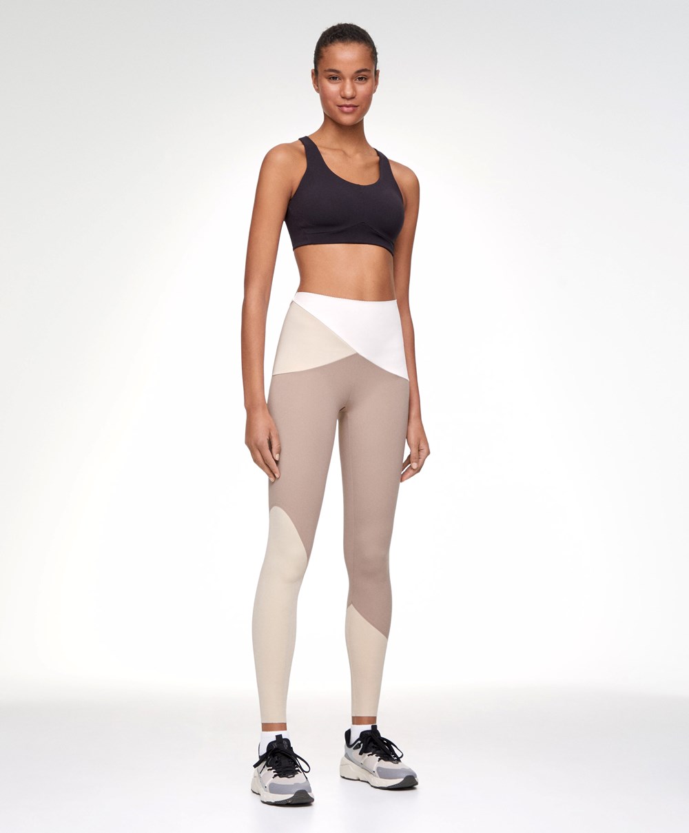 Oysho Colour Block 65cm Compressive Leggings Mocha | GJEILD-521