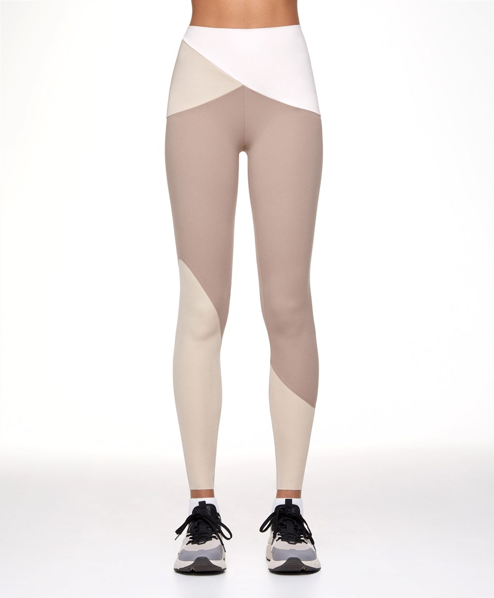 Oysho Colour Block 65cm Compressive Leggings Mocha | GJEILD-521