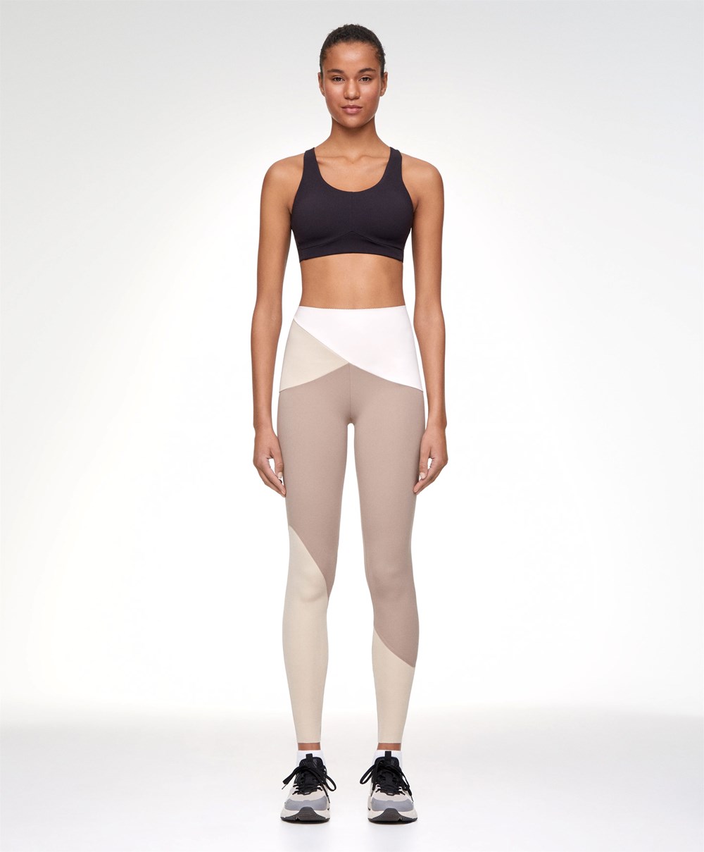 Oysho Colour Block 65cm Compressive Leggings Mocha | GJEILD-521