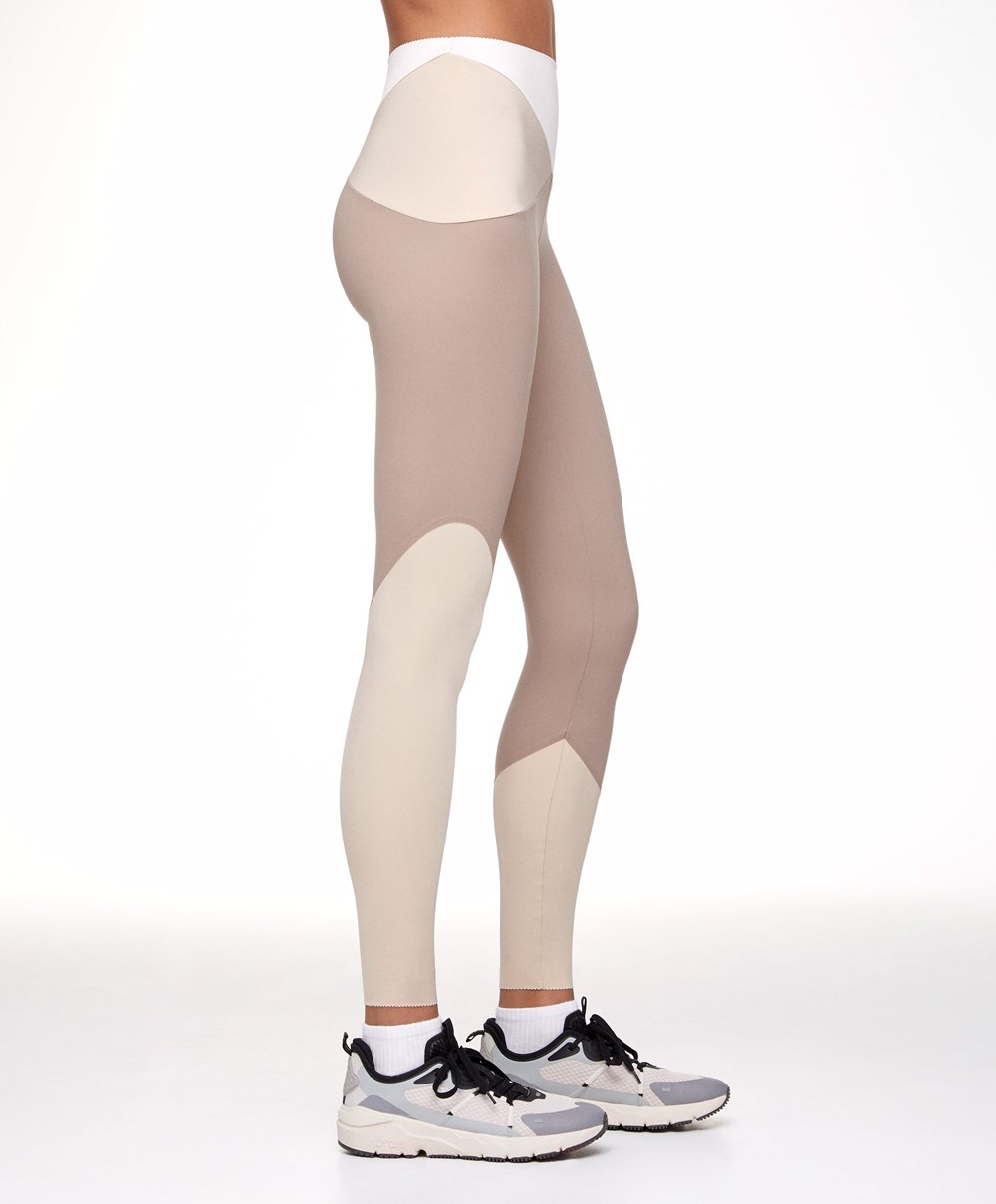 Oysho Colour Block 65cm Compressive Leggings Mocha | GJEILD-521