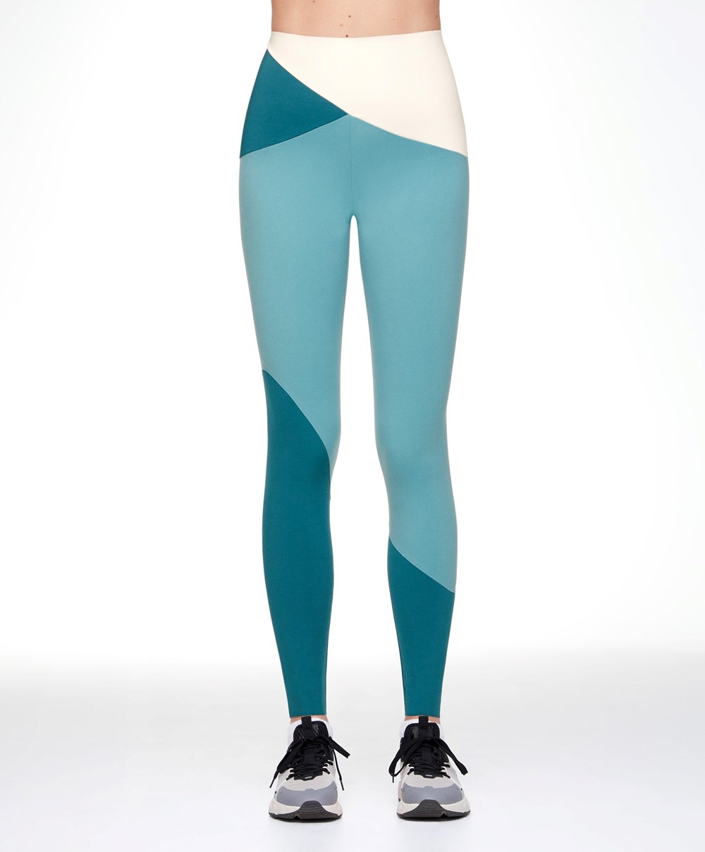 Oysho Colour Block 65cm Compressive Leggings Blue-turquoise | HMTGIN-145