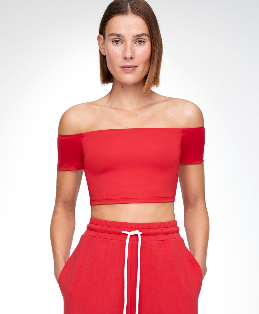 Oysho Comfortlux Off-the-shoulder Top With Cups Piros | WHQVNM-583