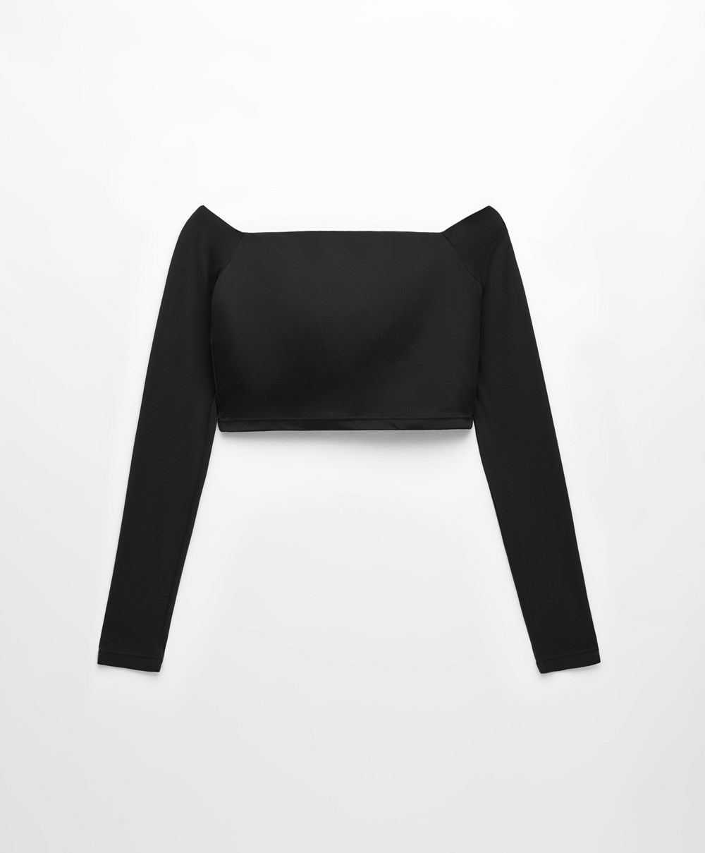 Oysho Comfortlux Off-the-shoulder Top With Cups Fekete | ZHLAJP-190