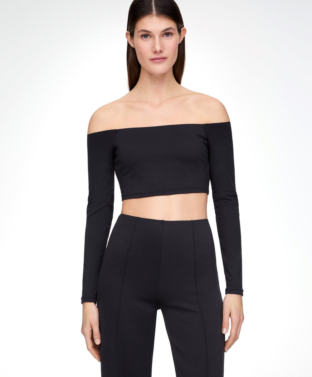 Oysho Comfortlux Off-the-shoulder Top With Cups Fekete | ZHLAJP-190