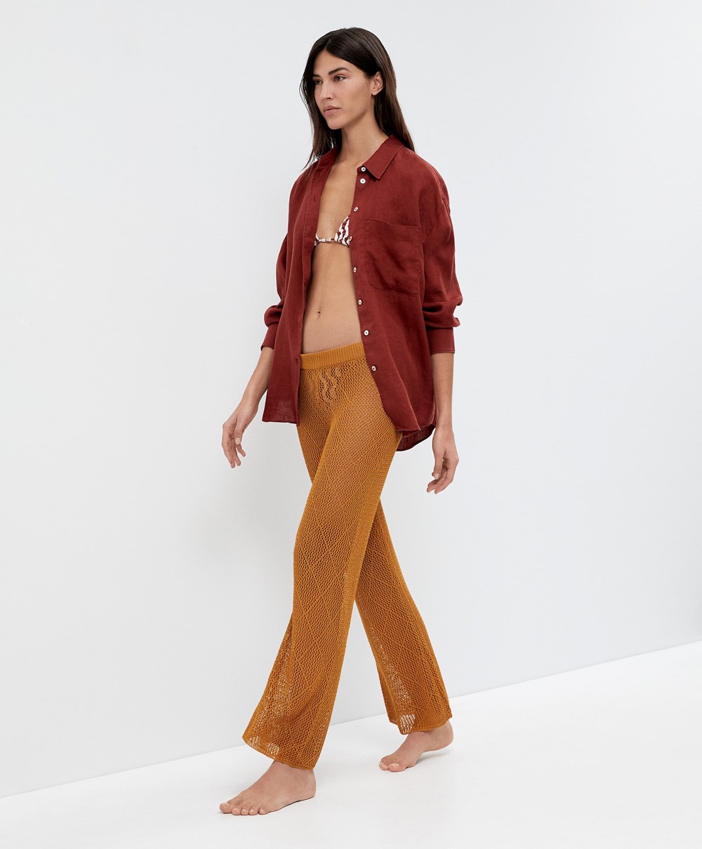 Oysho Crochet Cropped Trousers Honey | FNCXJO-248