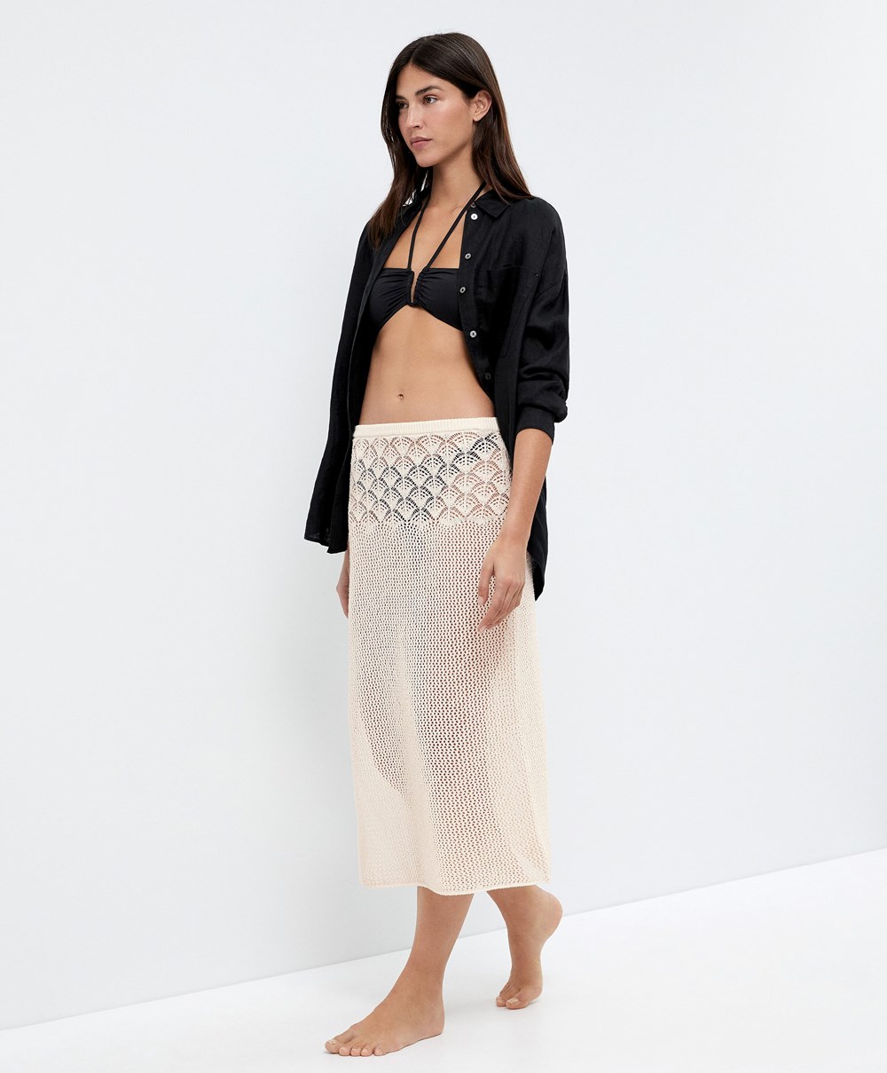 Oysho Crochet Midi Skirt Sand | KTNGFM-438