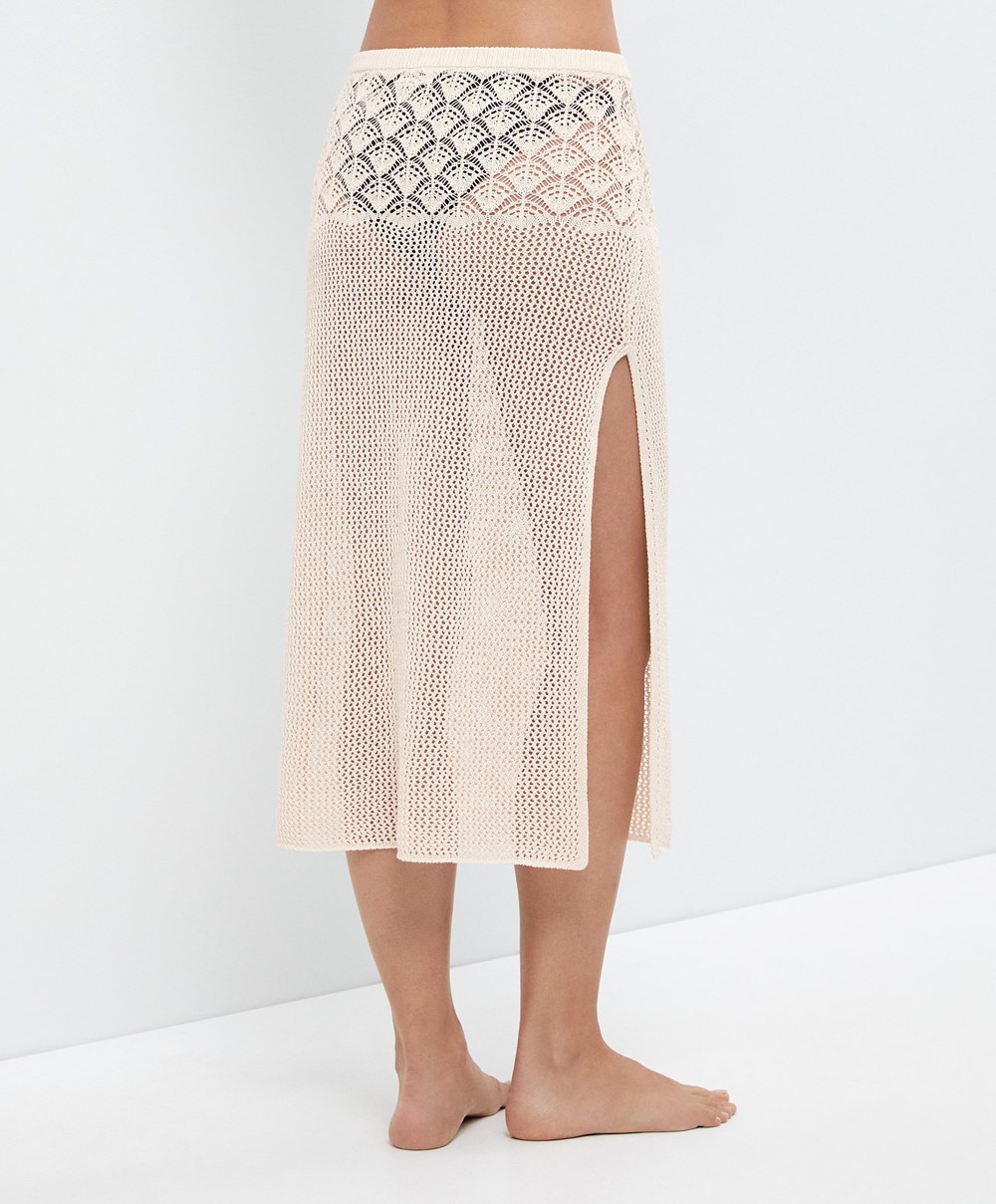 Oysho Crochet Midi Skirt Sand | KTNGFM-438