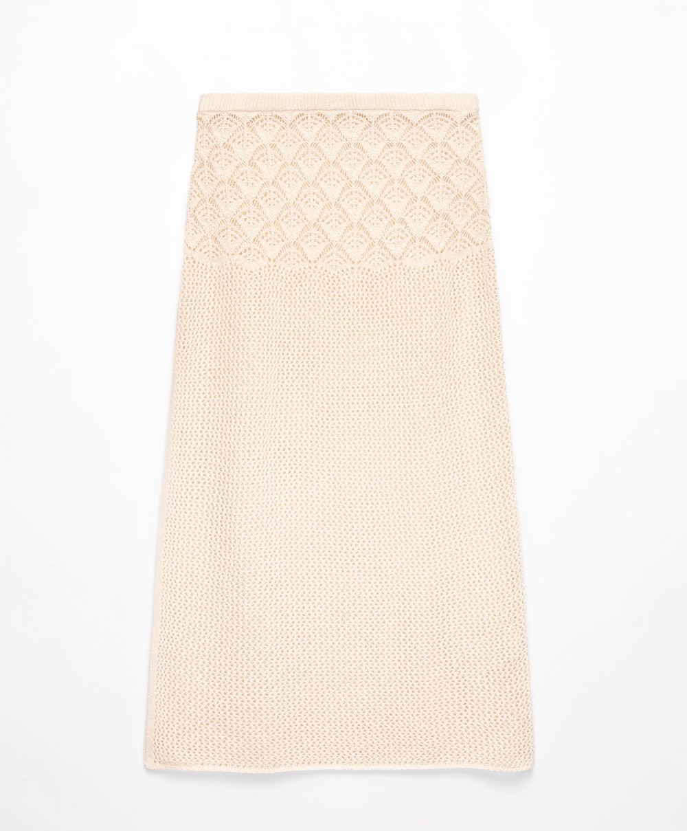 Oysho Crochet Midi Skirt Sand | KTNGFM-438