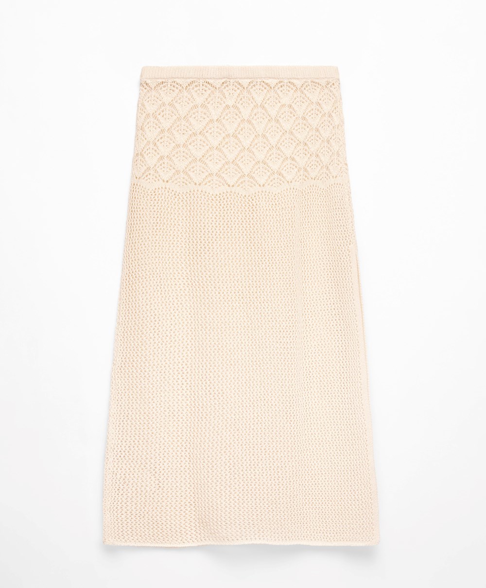 Oysho Crochet Midi Skirt Sand | KTNGFM-438