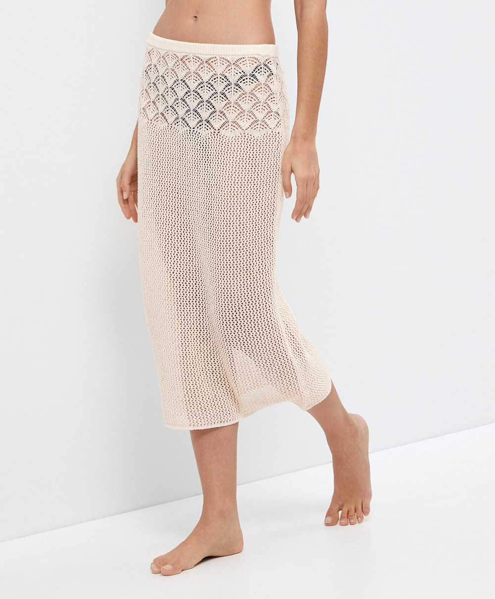 Oysho Crochet Midi Skirt Sand | KTNGFM-438