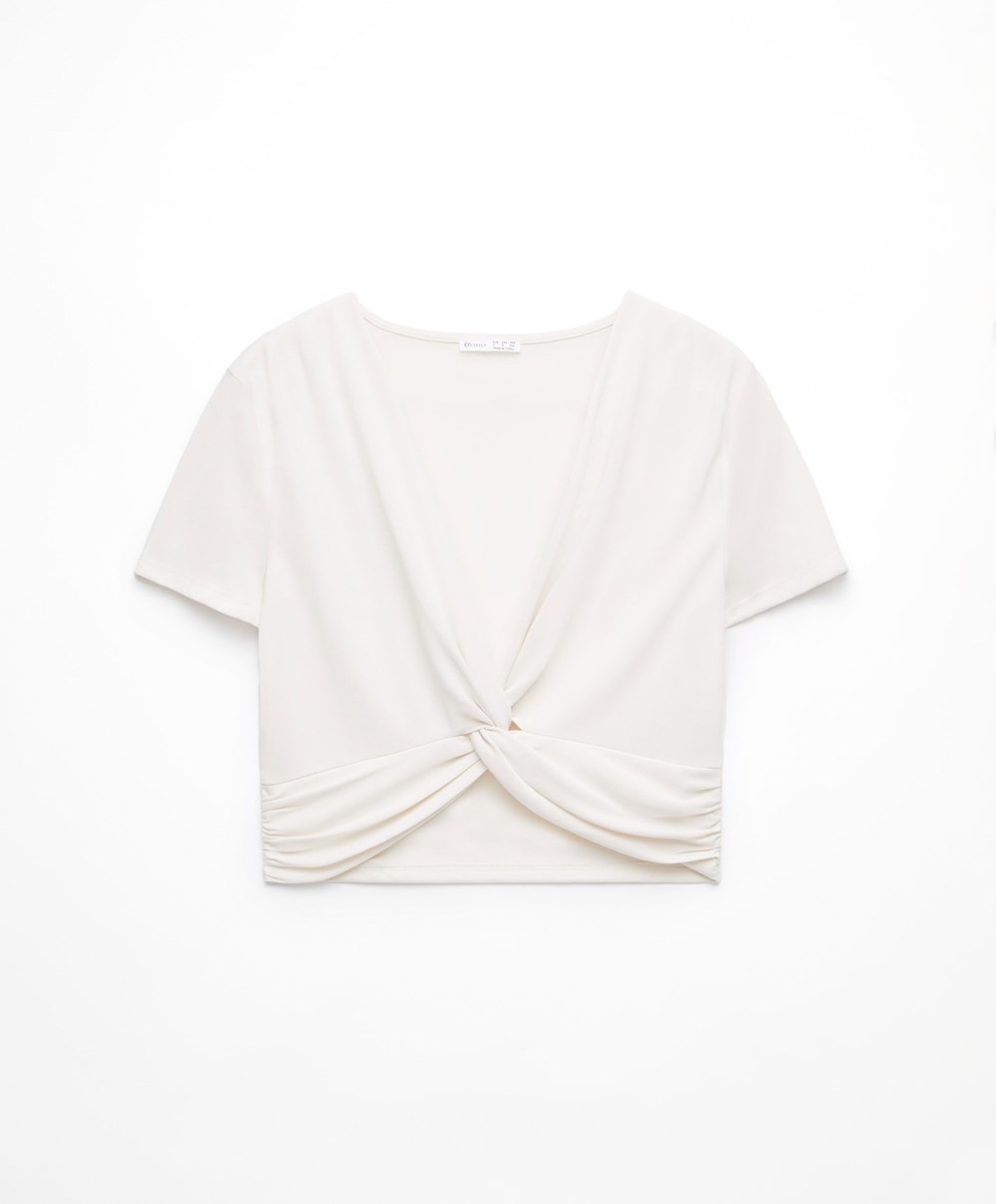 Oysho Crop Modal Knot T-shirt Cream-white | RCGQOJ-147