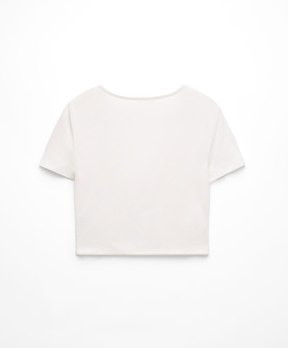 Oysho Crop Modal Knot T-shirt Cream-white | RCGQOJ-147