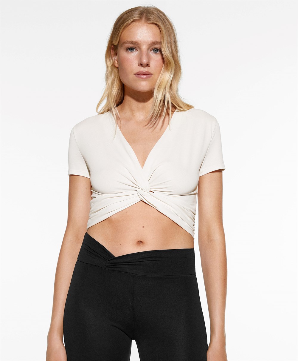 Oysho Crop Modal Knot T-shirt Cream-white | RCGQOJ-147