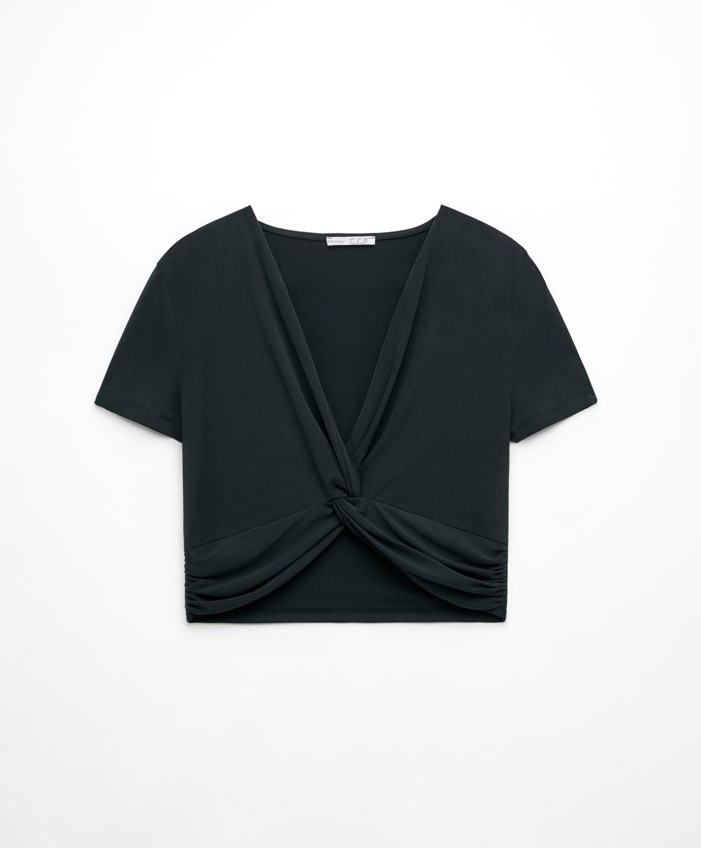 Oysho Crop Modal Knot T-shirt Fekete | DXOZJP-807